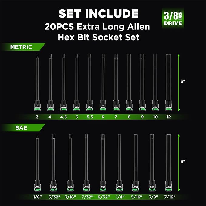 TecoTek 3/8" Drive Long Impact Hex Bit Socket Set, Allen Bit Sockets, 20PCS Allen Wrench Socket, SAE (1/8"-7/16”) and Metric (3MM-12MM), 6" Long CR-V & S2 Alloy Steel Hex Key Set