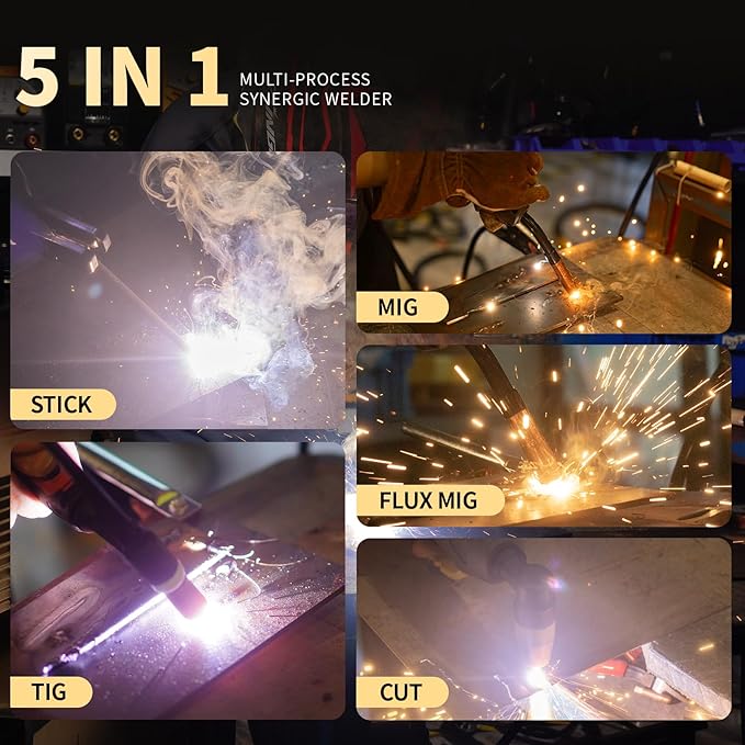 Plasma Cutter Welder Combo, Gas MIG/Gasless MIG/HF TIG/Stick/CUT 5 in 1 Aluminum Welding Machine with 110V/220V Dual Voltage Multi Process Welder with 20PCS Rods and Gloves
