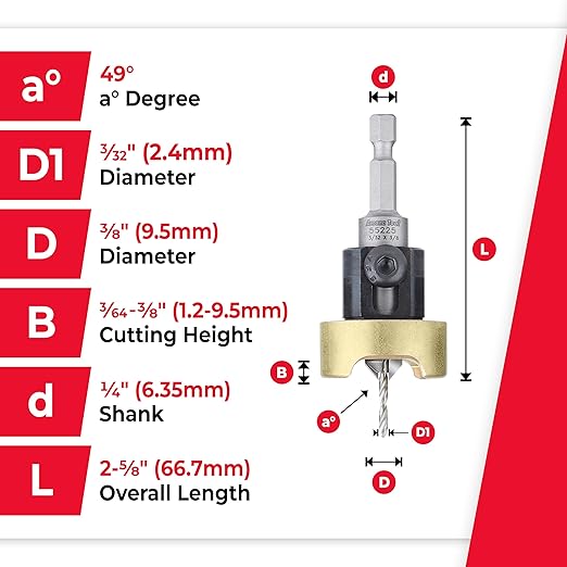 Amana Tool 82 Degree Countersink with Drill Bit Depth Stop and No-Thrust Ball Bearing, 55225, 3/8 D x 3/32 Drill D x 1/4 Inch Quick Release Hex Shank