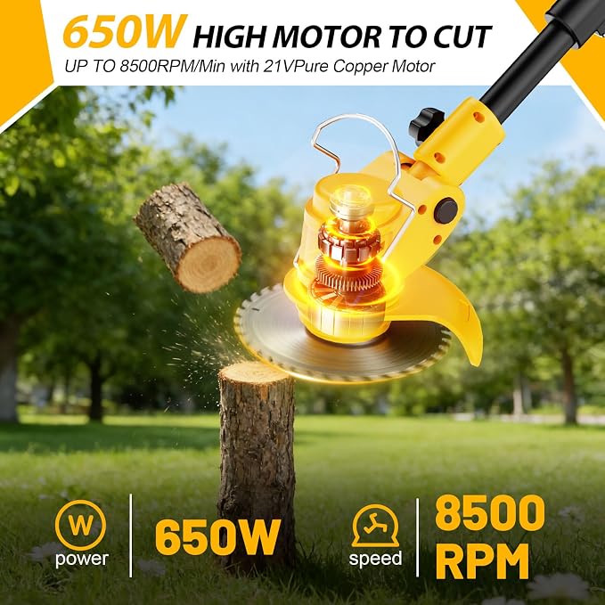 Electric Weed Wacker Cordless, Electric String Trimmer with 3 Types Blades & Removable Auxiliary Wheels, Brush Cutter & Grass Trimmer & Lawn Edger with for Garden Yard (YellowB)