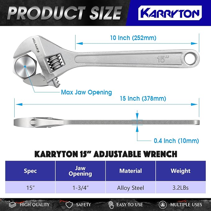 15" Inch Adjustable Wrench with 1-3/4"(44mm) Max Jaw Opening (Scales Metric and SAE), Drop Forged Alloy Steel Adjustable Spanner for Various Fasteners, Chrome Plated Handle Polished