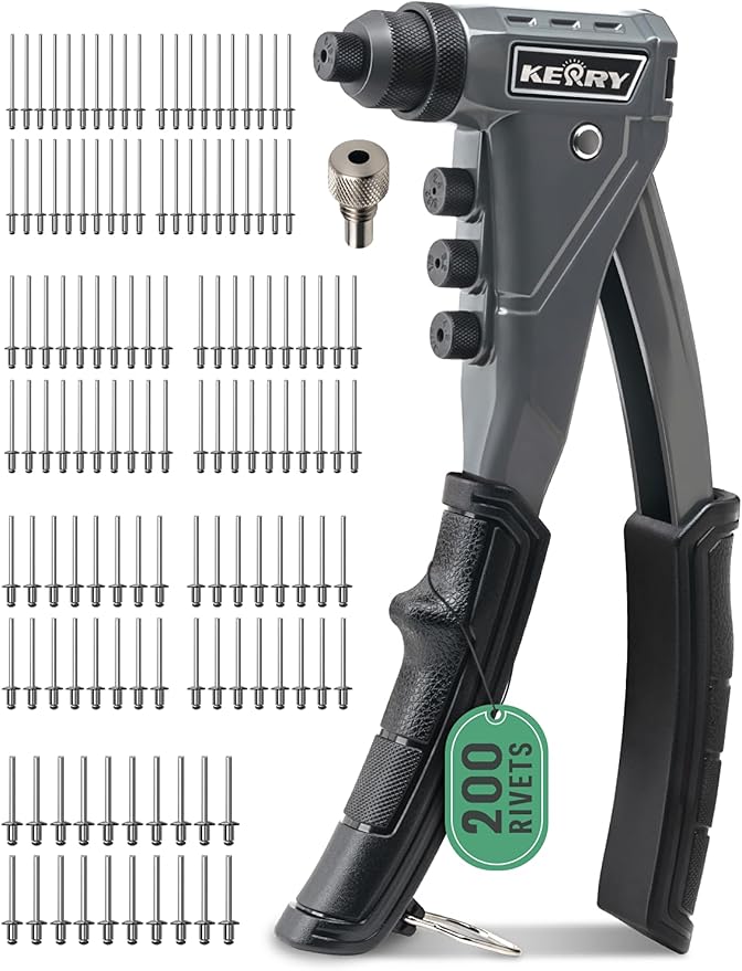 Kerry One-Handed Pop Rivet Gun Set - 9.6" Extended Ergonomic Handle, 4 Tool-Free Interchangeable Heads, 200 Aluminum Rivets (3/32" 1/8" 5/32" 3/16"), Professional Manual Riveting Tool for Metal Work