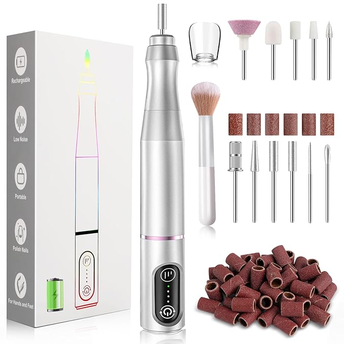 TUOBEO Cordless Nail Drill Electric Rechargeable File Kit, Professional Efile Acrylic Gel Nail Polish Remover Pedicure Manicure Machine Portable Set with 11 Bits 56 Sanding Bands for Salon Silver