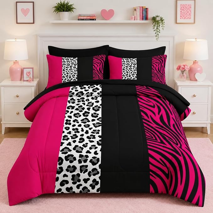 Nesker Comforter Set Full Size, Leopard Color Block Pink 7 Pcs Bedding for Kids and Adults, Wild Zebra Print Bed Sheet Sets with Fitted Sheet 2 Pillowcases & 2 Shams