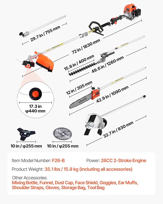 VEVOR Gas Hedge Trimmer, 2 Cycle Gas Power Handheld Trimmer, 7-in-1 26cc Weed Eater with Extension Pole & Protective Gear Set, Includes Hedge & String Trimmer, Brush Cutter(3T & 40T), Edger, Pole Saw