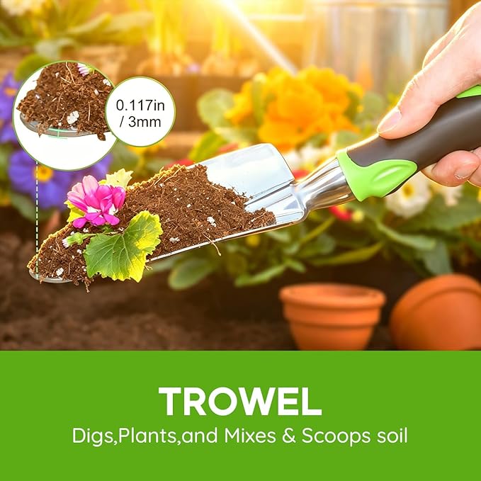 Garden Tool Set, 3 Pack Aluminum Heavy Duty Gardening Kit Includes Hand Trowel, Transplant Trowel and Cultivator Hand Rake with Soft Rubberized Non-Slip Ergonomic Handle, Garden Gifts
