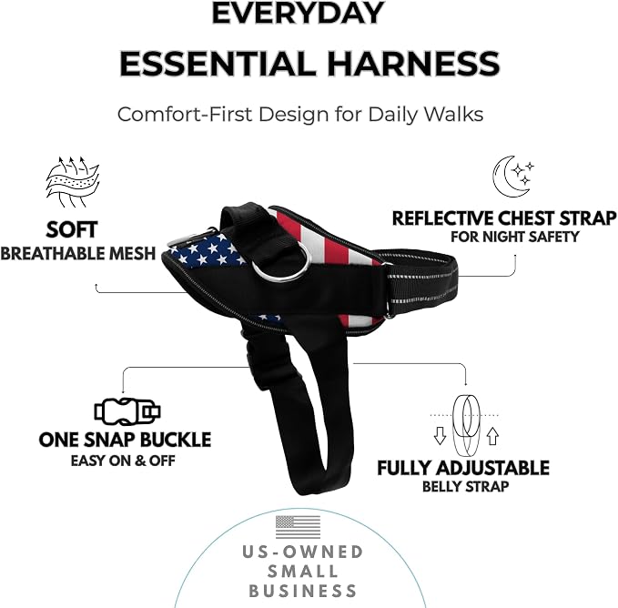 ShawnCo Essential Dog Harness, No-Pull Pet Vest (Stars and Stripes,XL) | 3 Leash Clips, Easy On, No-Choke, Reflective, Adjustable Fit, Padded Comfort, Control Handle, For Small, Medium & Large Dogs