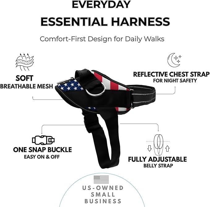 ShawnCo Essential Dog Harness, No-Pull Pet Vest (Stars and Stripes,S) | 3 Leash Clips, Easy On, No-Choke, Reflective, Adjustable Fit, Padded Comfort, Control Handle, For Small, Medium & Large Dogs