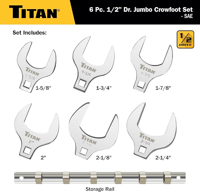 Titan 17676 6-Piece 1/2-Inch Drive SAE Jumbo Crowfoot Wrench Set