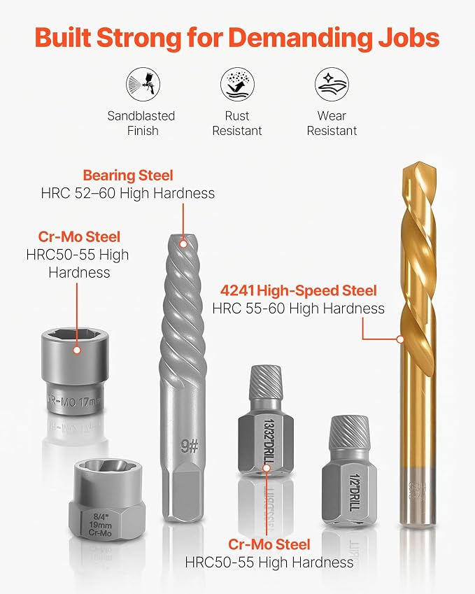 VEVOR Bolt Extractor Kit, 65 Pieces Easy Out Screw Extractor Set, Lug Nut Removal Tool with Left Hand Drill Bit Set for Removing Damaged, Frozen, Broken, Rusted, Rounded-Off Bolts, Nuts & Screws