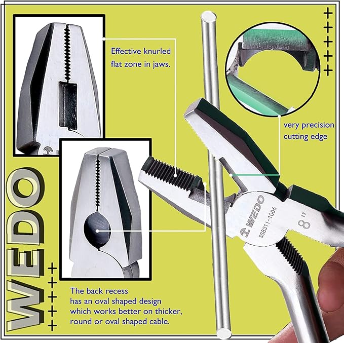 WEDO 7" Stainless Steel Lineman's Pliers,Side Cutting Pliers,Combination Pliers, Side Cutter, Wire Stripper, Crimper, Cut ACSR, Screws, Nails, Hard Wire, Corrosion Resistant