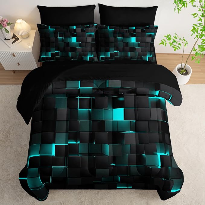 Nttopship Geometric Turquoise Black King Comforter Set,Light Honeycomb Bedding Set 7 Piece in A Bag,Bed Sheet Set Geometry Decor,Microfiber Lightweight All Season