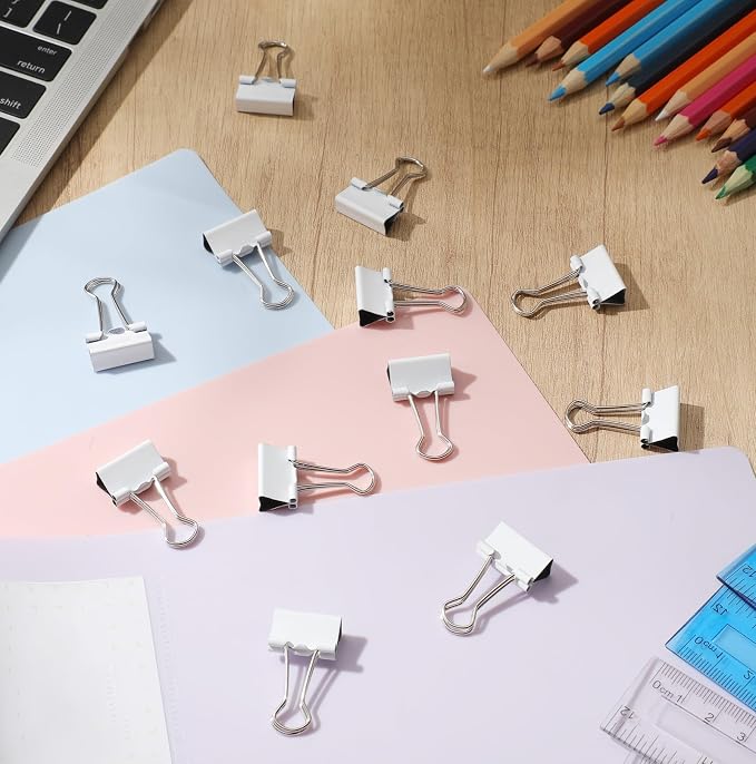 Jetec 200 Pack 0.6in/15mm White Metal Binder Clips Bulk Small Reusable Fold Back Binder Clips Paper Clamps Spring Steel Sturdy for Home Office School Supplies