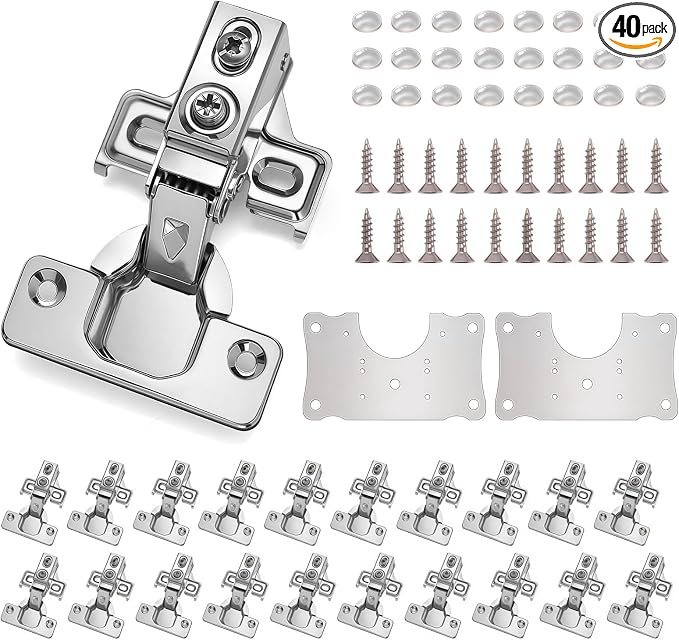 Cabinet Hinges - 40 Pack for 1/2 inch Overlay Cabinet, Face Frame Concealed 105Deg Self Closing Hinges, Stainless Soft Close Cabinet Door Hinges with Mounting Screws and Repair Plate