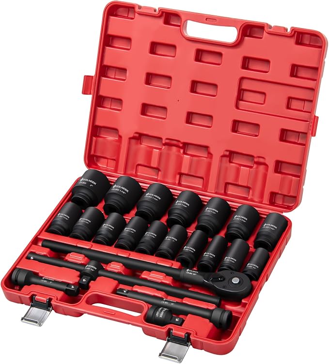 3/4" Impact Socket Set, 22PCS 6-Point SAE (3/4" to 2"), Cr-Mo, with Adapters, Quick Release Ratchet, Extension Bar & Storage Case