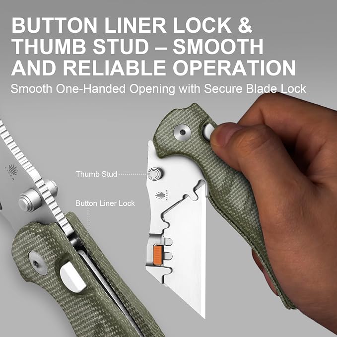 Kizer C01C Uti 2 (Tool-Free Version) Utility Knife, Button Liner Lock Box Cutter Pocket Knife with 5PCS Razor Blades, Thumb Stud Folding Knives with Green Micarta Handle for Men Women V3488.29JNA1