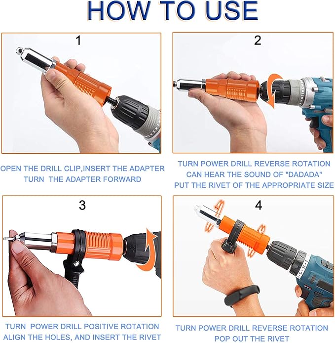 JONMON Electric Rivet Gun Adapter - Cordless Drill Metal Riveter-Blind Riveting Rivet Insert Nut Attachment Power Tool Kit with 3 Rivet Convertible Heads and Handle Wrench