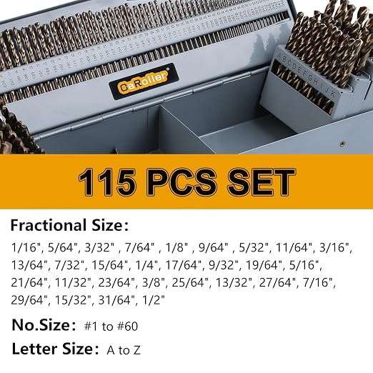 CaRoller Cobalt Drill Bit Set 115 PCS, High Speed Steel M35 Drill Bits Durable Round Shank Drill Sets for Hardened Steel, Wood Plastic, Sheet Metal, with Metal Index Storage Box (115pcs Cobalt)