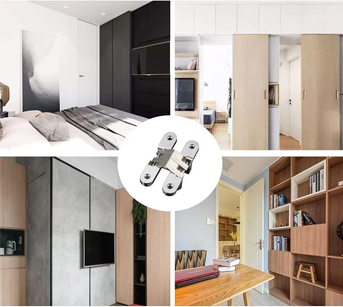 2 Pack 0.98 * 4.65 in Hidden Hinge Invisible Concealed Cross Hinges 180 Degree Folding Door Cross Zinc Alloy Hidden Hinges Swing Invisible Hinge for Cabinet, Cupboard,Wooden Box,with Screws-S5