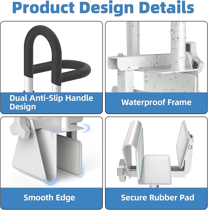 Butizone Adjustable Shower Grab Bars with 2 Handrails - Clamp-On Anti-Slip Bathtub Safety Rail for Elderly, Fits 3" to 7" Tub Walls, Supports Up to 300lbs
