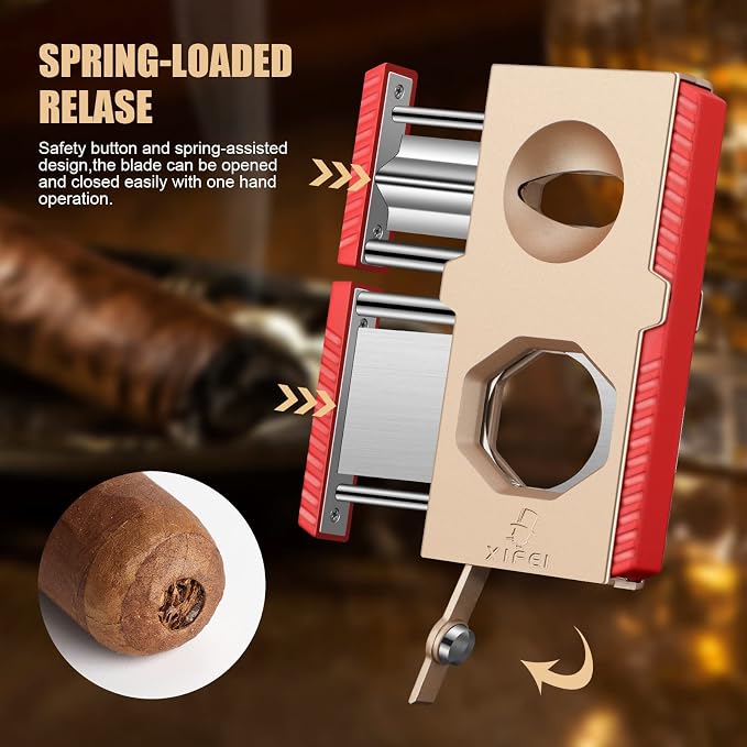 XIFEI Cigar Cutter V-Cut Guillotine 3 in 1 Straight Cut V Cutter with Cigar Punch Stainless Steel Blade Ergonomic Design Secure-Lock Cigar Clipper,Cuts Up to 60 Ring Gauge Cigars (Gold)