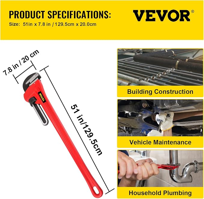 VEVOR Pipe Wrench, 51 inch, Heavy Duty Cast Iron Straight Plumbing Wrench, Adjustable Plumber Tool for Sink Faucet Toilet Bowl Bathroom Kitchen Drainer Repair Installation