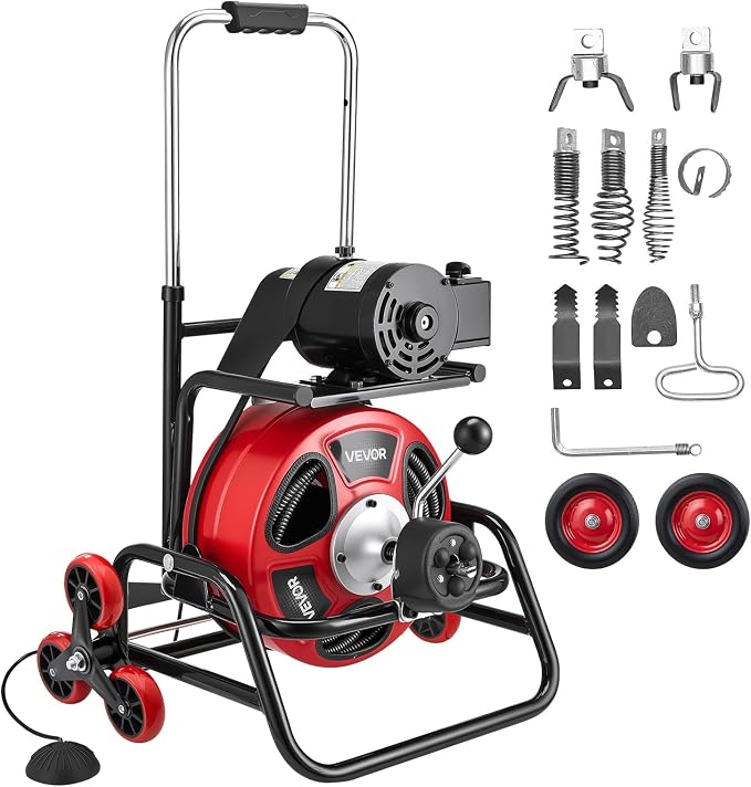 VEVOR Drain Cleaner Machine 100 FT x 3/8 Inch, Auto Feed Sewer Snake Auger, Portable Drain Cleaning Machine with Climbing Wheels, Adjustable Drum, 8 Cutters & Foot Switch for 2" to 4" Pipes