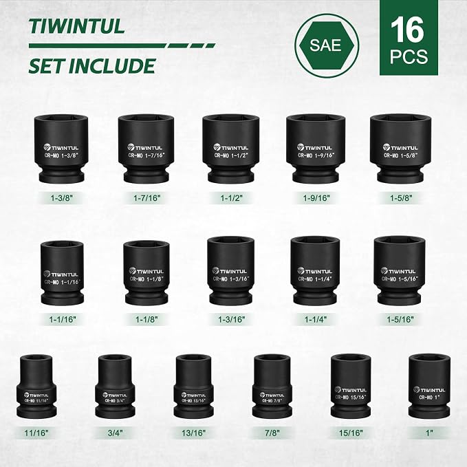 3/4 Inch Drive Impact Socket Set, 16 Piece, SAE, 11/16" to 1-5/8" | CR-MO, 6-Point, Heavy Duty, Storage Case, Easy-to-Read Size Markings, Rugged Construction for Large Vehicle, Truck, Trailer