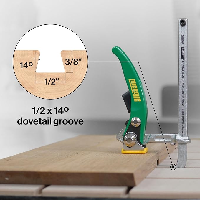 MICROJIG MatchFit Dovetail Ratchet Clamp AP, T-Track Compatible, Ratcheting Action, for Woodworking, Sanding, Routing, Workbench, DVC-700RAP, Green