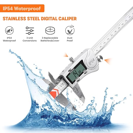 HARDELL Digital Caliper 8 Inch, Heavy-Duty IP54 Calipers with 3-Batteries & Extra Cover, All Stainless Steel Digital Micrometer Vernier Caliper, Inch/MM/Fraction, Auto-Off for DIY/3D-Printing