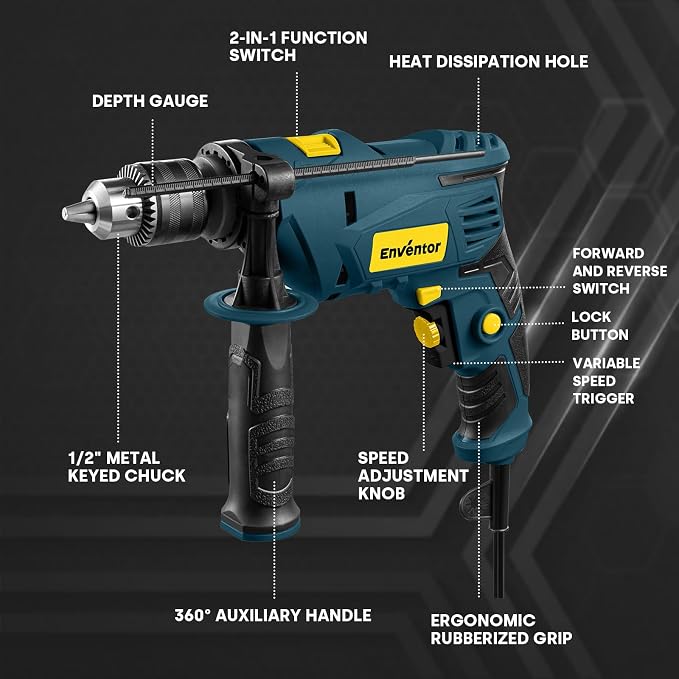 Enventor 7.5 Amp Hammer Drill, 1/2 Inch Electric Drill Hammer, 900W 0-3000RPM Variable Speed, 360° Auxiliary Handle, Lightweight Corded Hammer & Drill 2 in 1 with 9pcs Bit for Metal, Wood, Blue