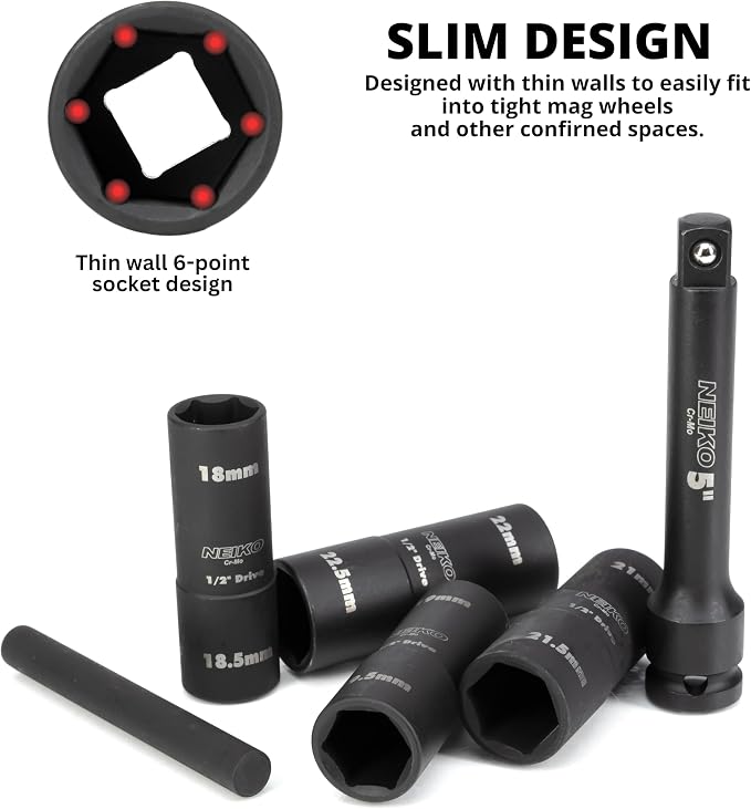NEIKO 02290B Lug Nut Socket Set, 1/2” Impact Thin Wall Flip Socket Set, Half Size Wheel Socket Set, Metric 6 Point, 5" Extension Bar & Knockout Bar, 18.5mm, 19.5mm, 21.5mm, and 22.5mm