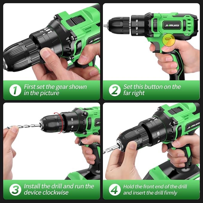 20V Cordless Drill, Electric Power Drill Set with Battery Charger and Carrying Case, 3/8” Keyless Chuck, 2 Variable Speed, 18+3 Torque, 72pcs Driver Bits and Belt Hook, Green