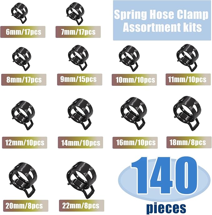 Tnisesm 140 Pcs 12Values 6-22mm Spring Hose Clamp Assortment Kits Silicone Vacuum Hose Action Low Pressure Air Clip Clamp Hoses Clamps sleeving(Black)