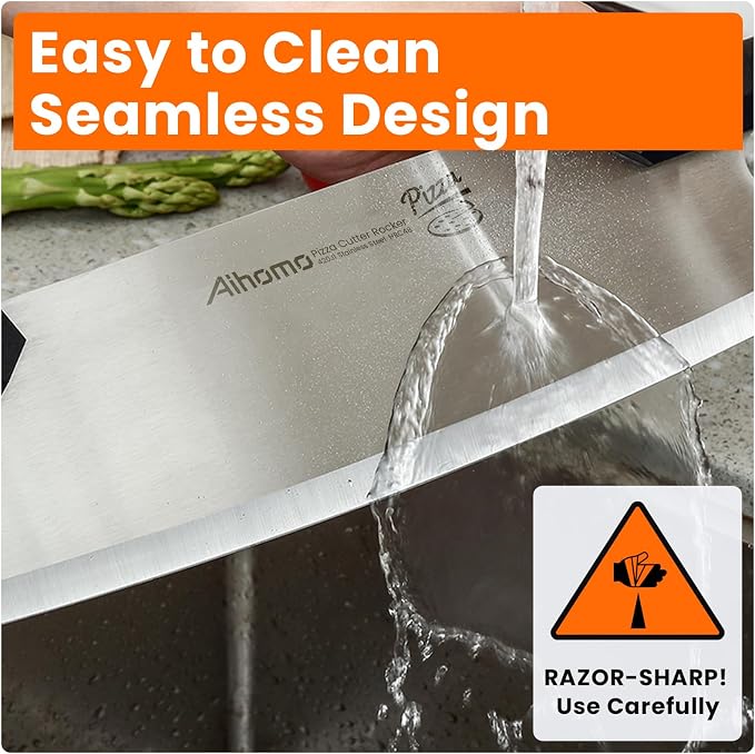 13” Sharp Pizza Cutter Rocker, 420J1 Japanese Stainless Steel Blade Slicer, Double Pakkawood Handle Pizza Knife Rocker with Protective Cover, Easy to Clean