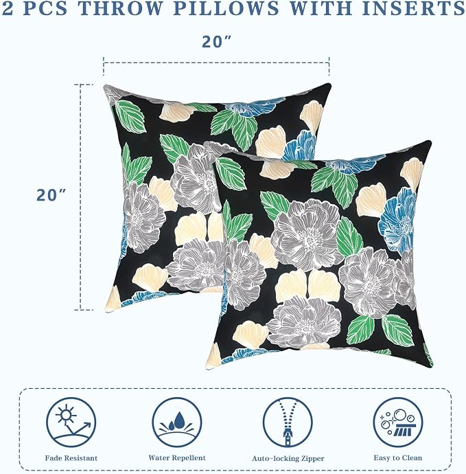 LVTXIII Outdoor Pillows 20x20 Inch, 2 Pack Large Decorative Square Throw Pillows with Inserts for Couch, Bed, Floor Seating, Patio Furniture, Sketch Peony