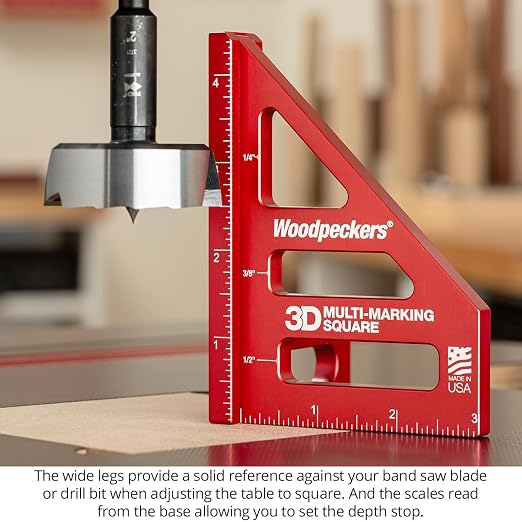 Woodpeckers 3D Multi-Marking Square, Inch Version, USA Made, Feature Packed Aluminum Woodworking Square for Layout, Joinery, Assembly Check