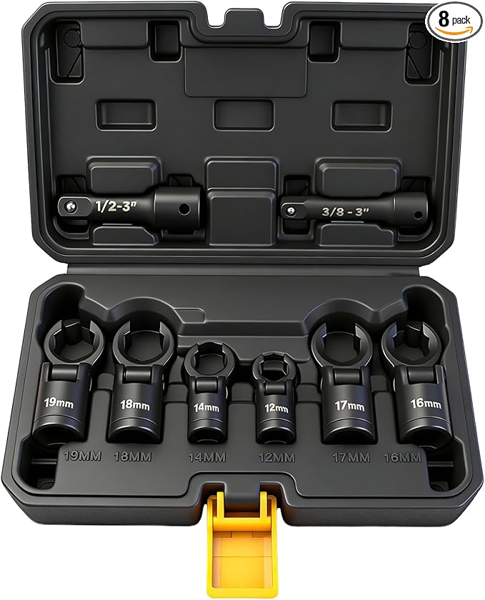 ELEAD 8-Piece Flex Head Crows Foot Wrench Set, Metric 12 14 16 17 18 19 mm with Extension Bar, 3/8" & 1/2" Drive Crowsfoot Line Wrenches Set, Access Fasteners in Tight Spaces