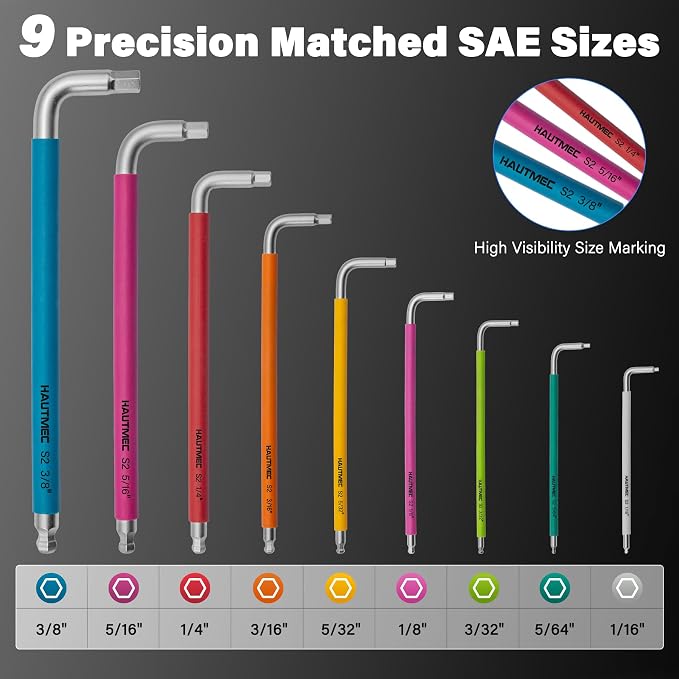 HAUTMEC SAE Allen Wrenches Sets with Ball End, 9PCS Extra Long Arm Hex Key Set, Heavy-Duty S2 Steel Pro Allen Key Set, 1/16" to 3/8", Color Coded Sleeve with Belt Loop Pouch for Professional Mechanics