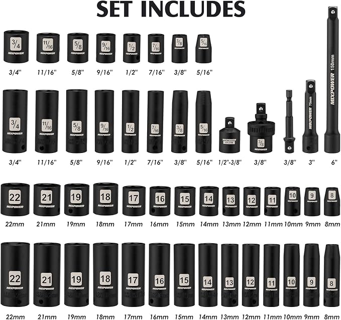 MIXPOWER 3/8" Drive Deep Impact Socket Set, 6 Point, 49 Piece Standard SAE and Metric Sizes-5/16-Inch to 3/4-Inch and 8-22 mm, 3/8'' impact universal joint, Cr-V Steel Mechanic Socket Set