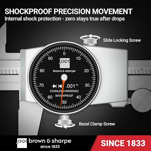 TESA Brown & Sharpe 599-579-8-5-1 Stainless Steel Dial Caliper, Black Face, 0"-8" Range, +/-0.001" Accuracy, 0.001" Resolution, Meets DIN 862 Specifications