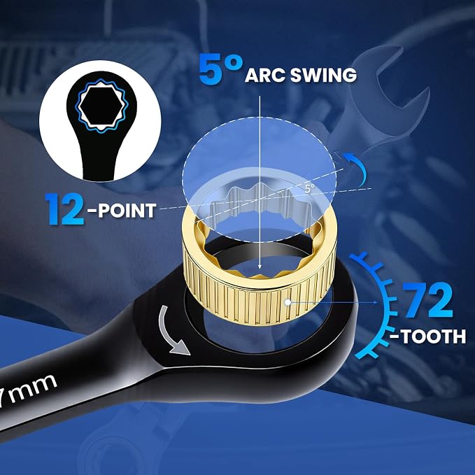 8PCS Metric Ratcheting Wrench Set, 72-Tooth Combination Wrench Set, 8-19mm | 5-Degree Swing Arc for Tight Spaces,CR-V Steel, Rust-Resistant Black Finish with Storage Organizer