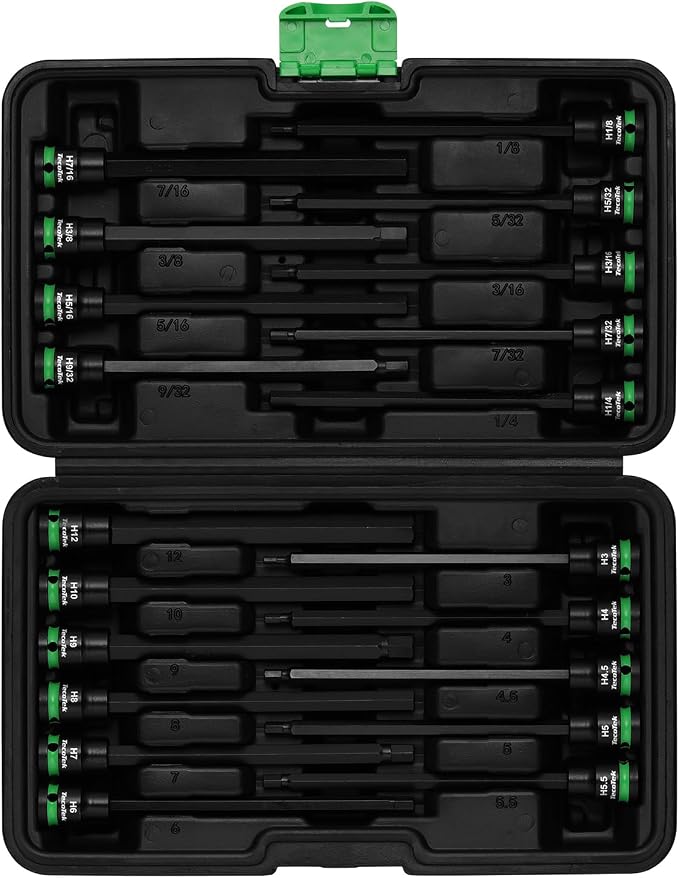 TecoTek 3/8" Drive Long Impact Hex Bit Socket Set, Allen Bit Sockets, 20PCS Allen Wrench Socket, SAE (1/8"-7/16”) and Metric (3MM-12MM), 6" Long CR-V & S2 Alloy Steel Hex Key Set