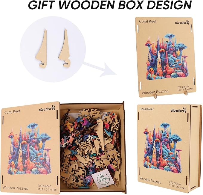 Qiuenisray Wooden Puzzles for Adults, Coral Ocean Jigsaw Puzzles 200 Pieces, FSC Certified Beautiful Wall Decor Puzzles, Unique Animal Shape Puzzle, Creative Gift for Family Game 11x11.2 in