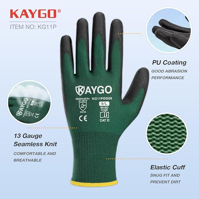 KAYGO Work Gloves for Men and Women,12 Pairs Seamless Knit PU Coated Safety Gloves, with Smooth Grip on Palm and Fingers, Ideal for Light Warehouse, Manufacturing, Gardening, KG11P (XL,Dark Green)