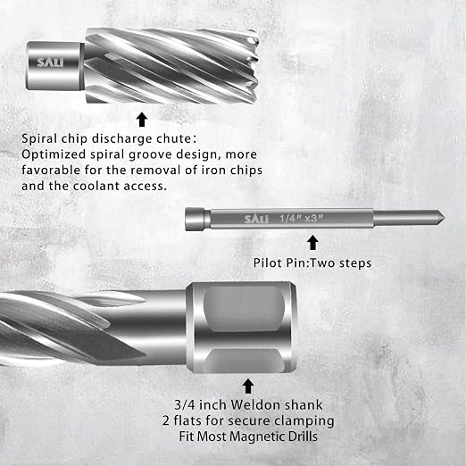 SALI Annular Cutter Diameter 5/8 Inch with Weldon Shank 3/4"(with 2 Flats) Cutting Depth 1" Mag Drill Bit for Magnetic Drill Press HSS Fully Ground Drill with One 1/4"*3" Pilot Pin