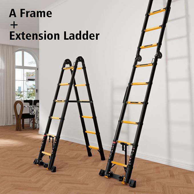 SINMEIRUN Telescoping Ladder, 20.3 FT, A Frame, Aluminum Extension Ladder, 330 lbs Capacity, Collapsible Multi-Purpose Ladder for Home, Roof and RV; Yellow
