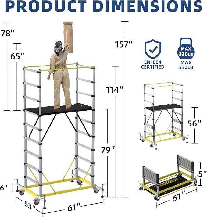 APARECIUM 10' Aluminum Scaffold Tower, Multipurpose Rolling Scaffolding Work Platform, Utility Scaffolding Tower, Adjustable Work Platform with Hatch Deck and Guard Rail, 500 Lbs Duty Rate