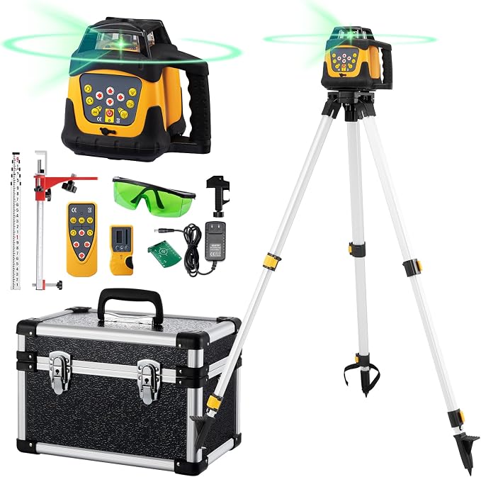 Self-Leveling Green Rotary Laser Level Kit, 2300ft Range with Receiver, ±1/10" Accuracy at 100ft, Class II ≤ 5 mW Laser, IP66 Waterproof, Includes Tripod, Grade Rod & Carrying Case