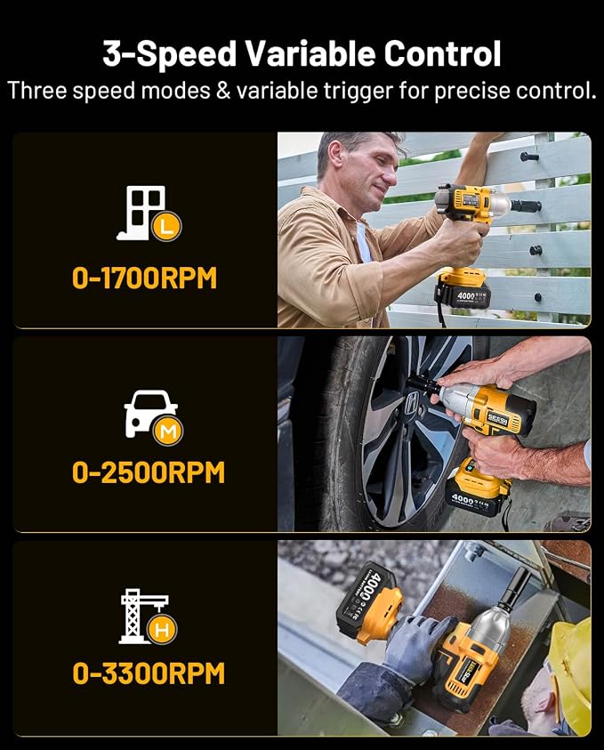 1/2" Cordless Impact Wrench, 1400N·m(1032ft・lbs) Brushless High Torque Impact Gun, Electric Impact Driver, 2x4.0Ah Batteries, LED Light, Charger, 6 Sockets, 3 Variable Speeds for Car/ Pickup/Mower